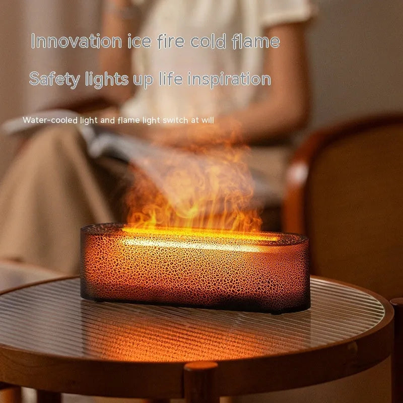 Square desktop humidifier with colourful lava lamp flame lighting effect and mist output
