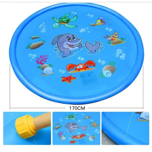 Blue PVC children's water spray play mat with marine animal designs for garden sprinkler play