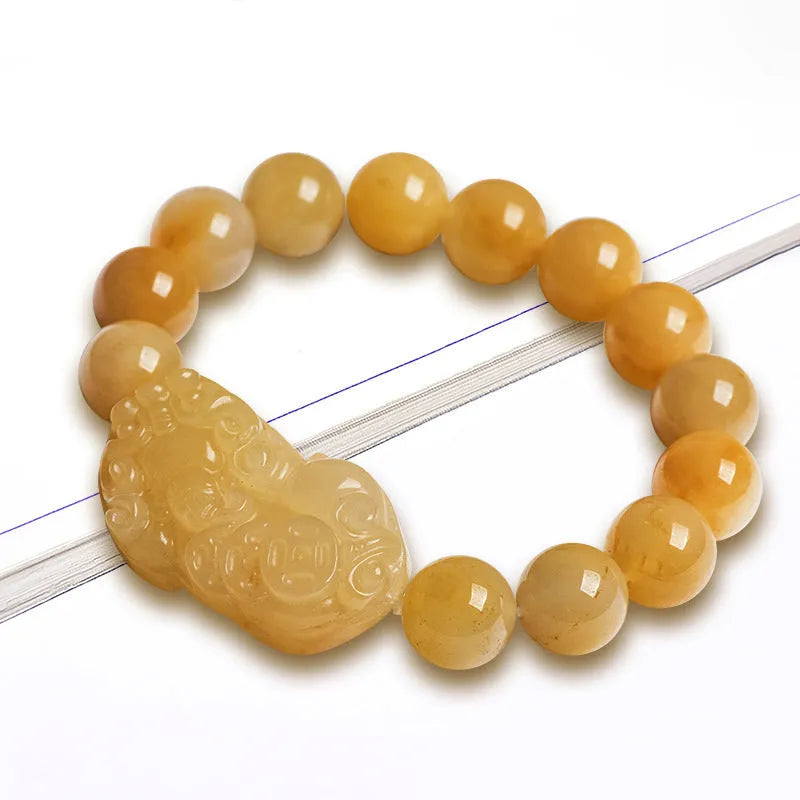 Carved Jinsi Jade money bracelet showing golden thread detail, displayed in large and small size options.