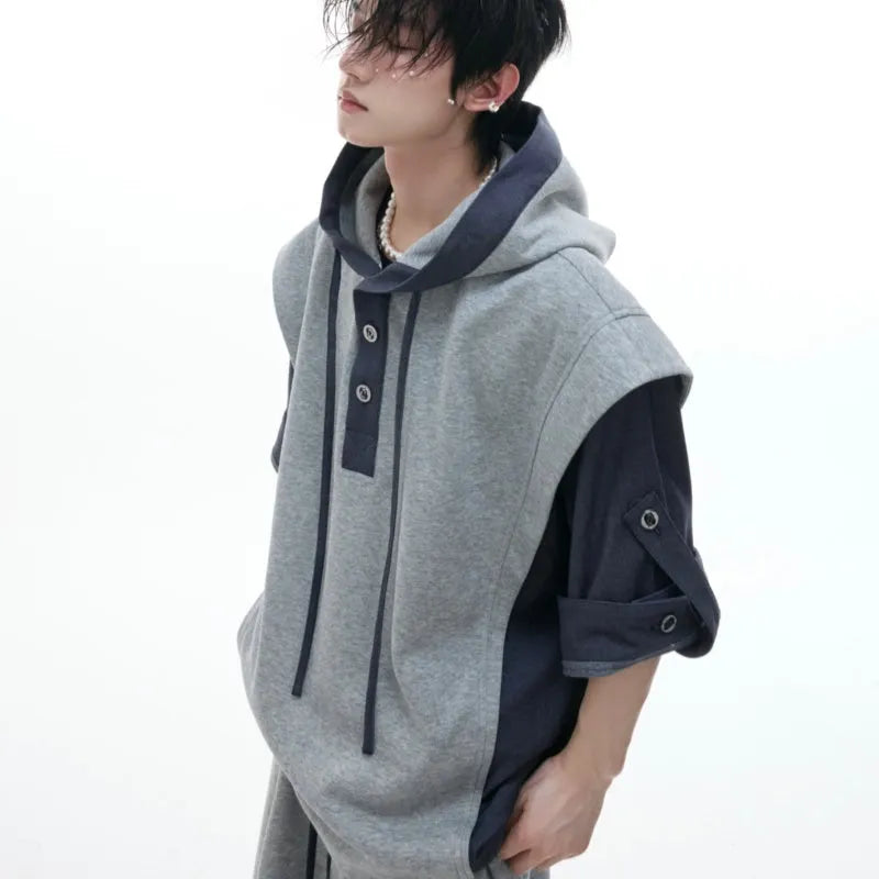 Men's black hooded short sleeve sports jacket with three-dimensional stitching and matching trousers
