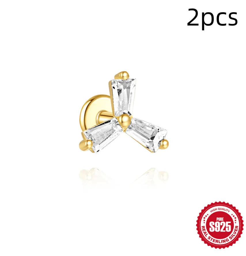 S925 sterling silver double ear piercings stud earrings with zircon inlaid chain in golden geometric designs