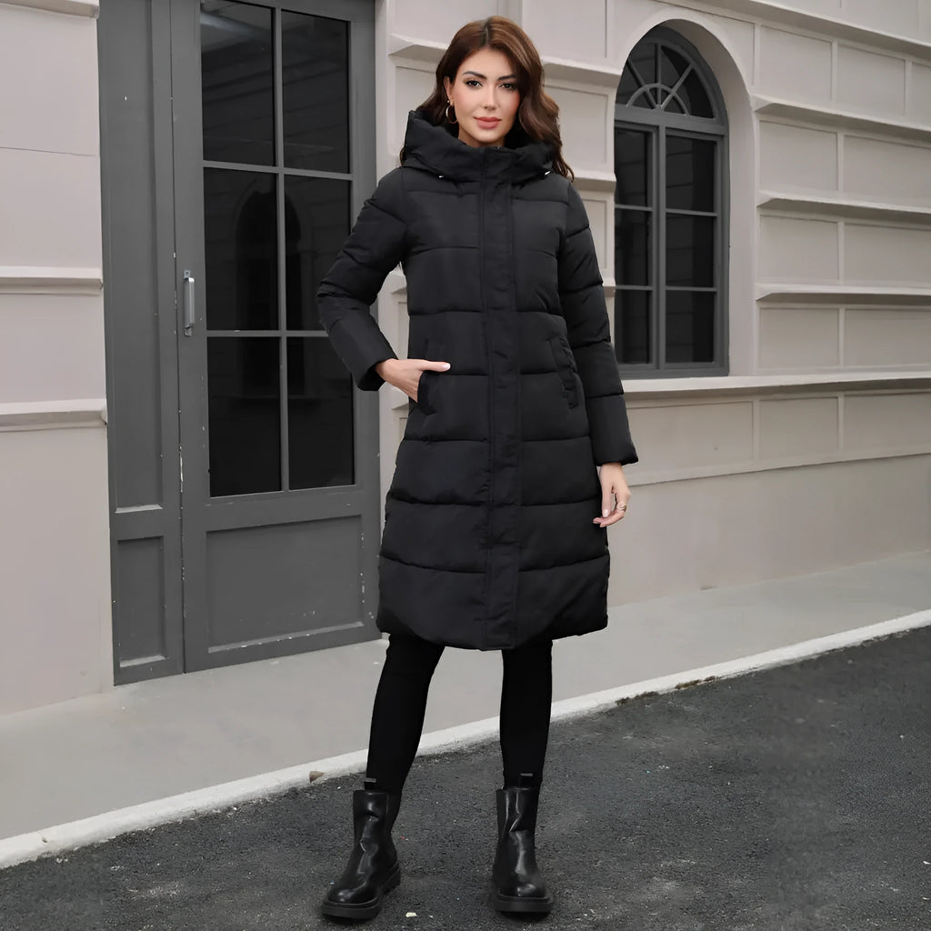 Black hooded slim fit cotton jacket with long sleeves and cold-resistant thickened polyester construction