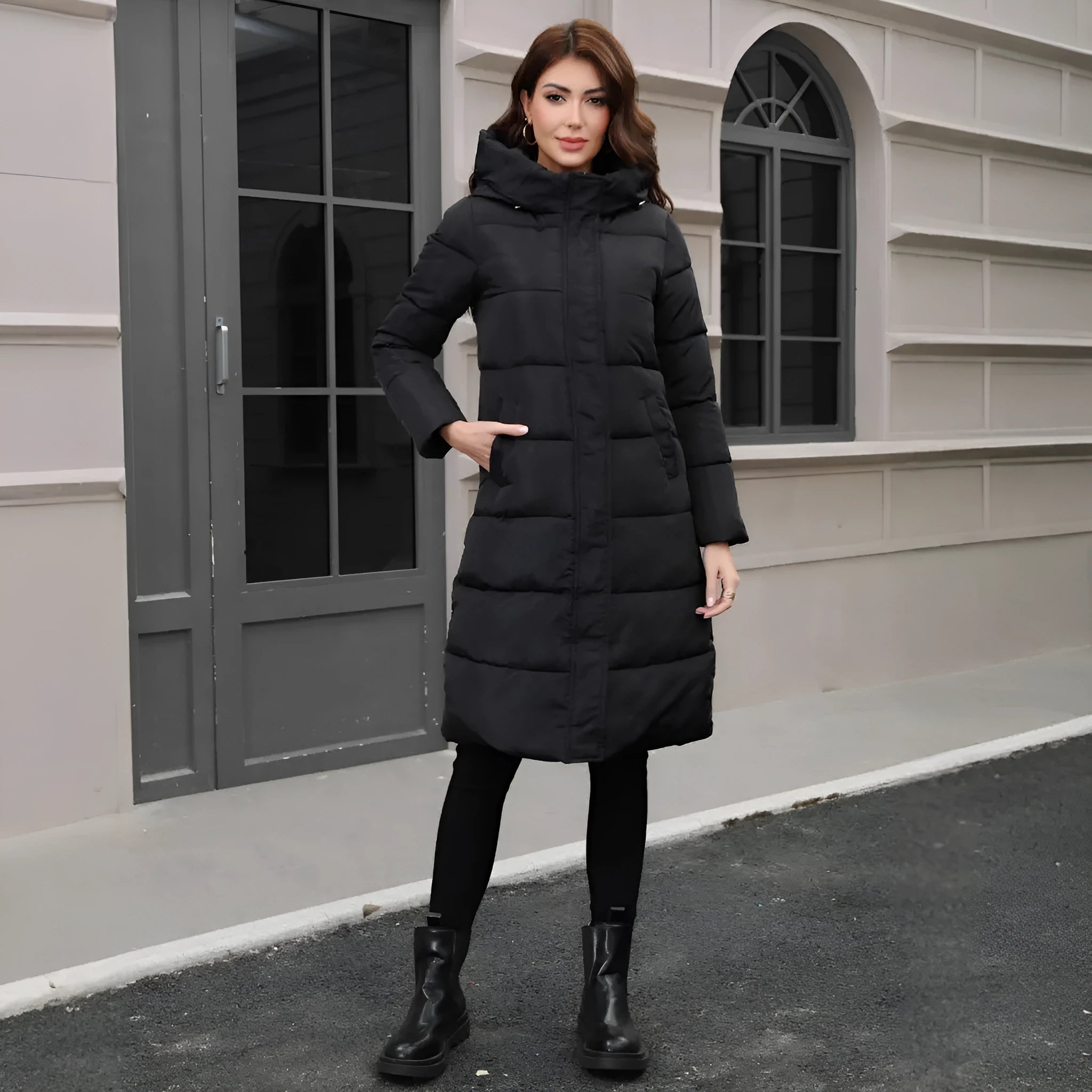 Black hooded slim fit cotton jacket with long sleeves and cold-resistant thickened polyester construction