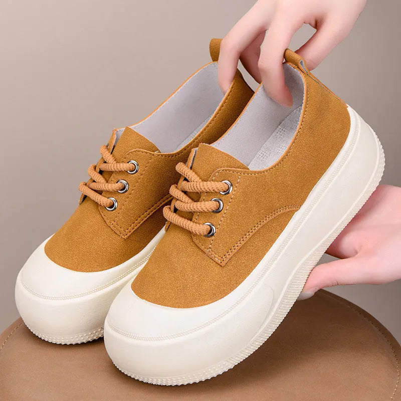 Women's camel suede platform loafers with a 4CM thick sole and round toe lace-up front.