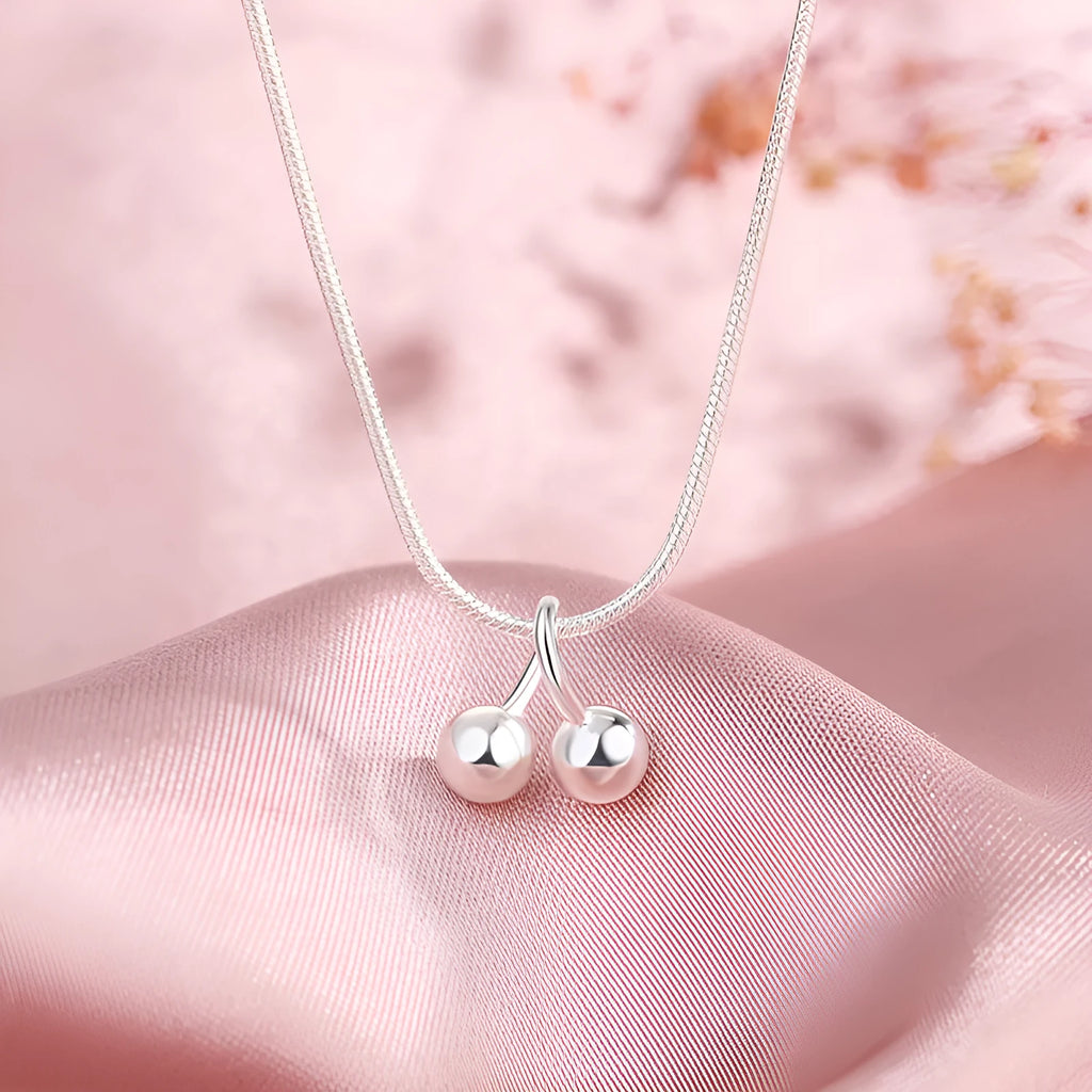Silver cherry necklace on adjustable snake bone chain with S925 silver construction