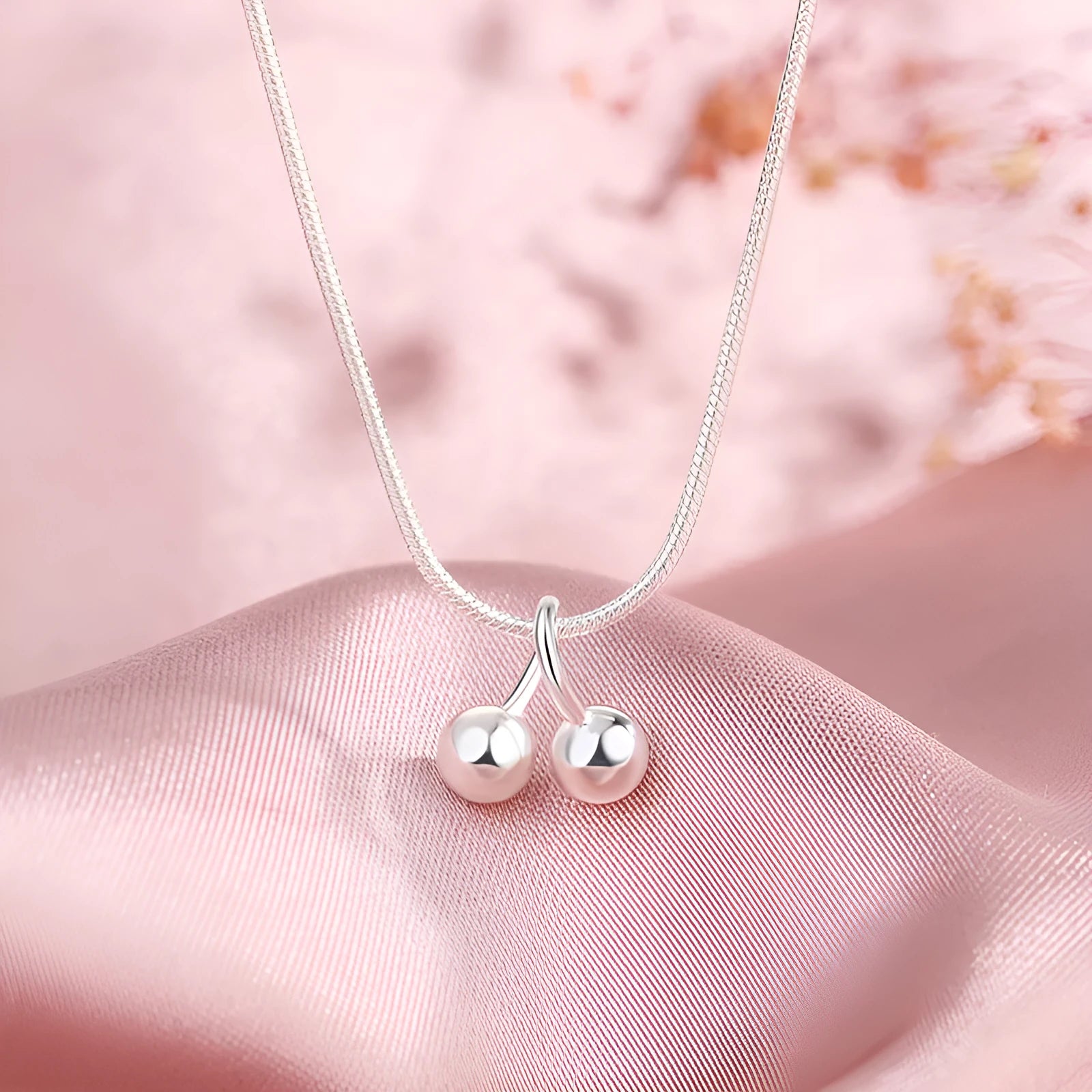 Silver cherry necklace on adjustable snake bone chain with S925 silver construction