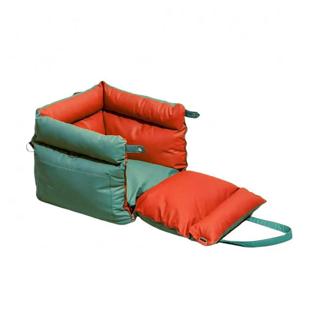 Green waterproof dog car bed with removable washable cover, shown on a car seat.