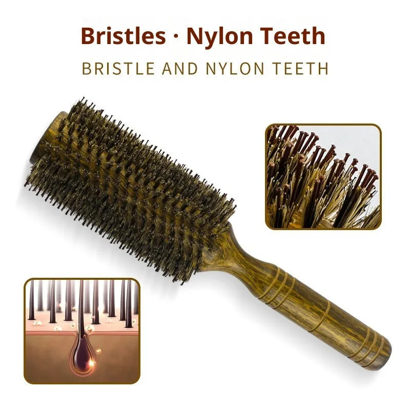 Ladies boar bristle round styling brush in extra large size with wood handle