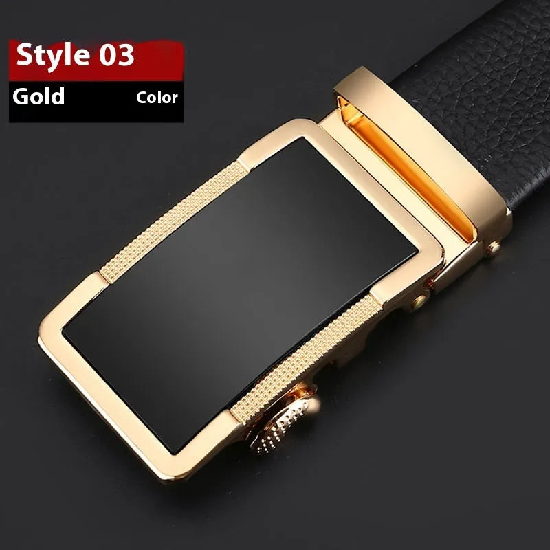 Men's leather automatic buckle belt in gun black, silver, and gold colour options on a white background