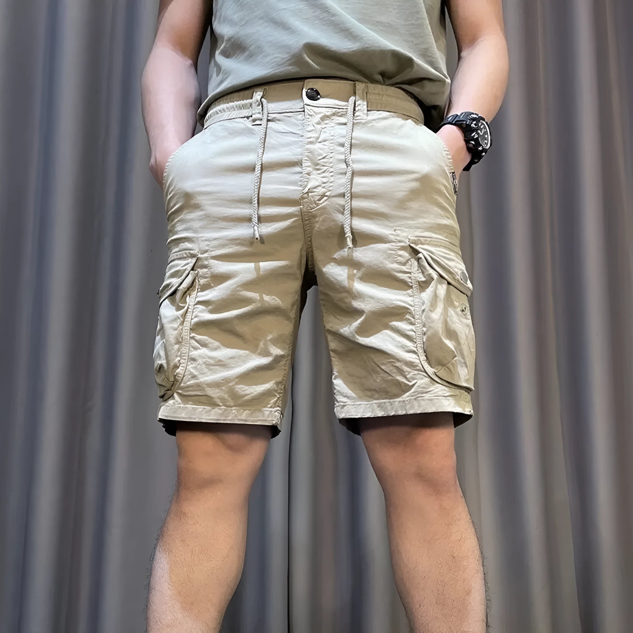 Korean style loose straight overalls trousers with multiple pockets in micro-elastic polyester