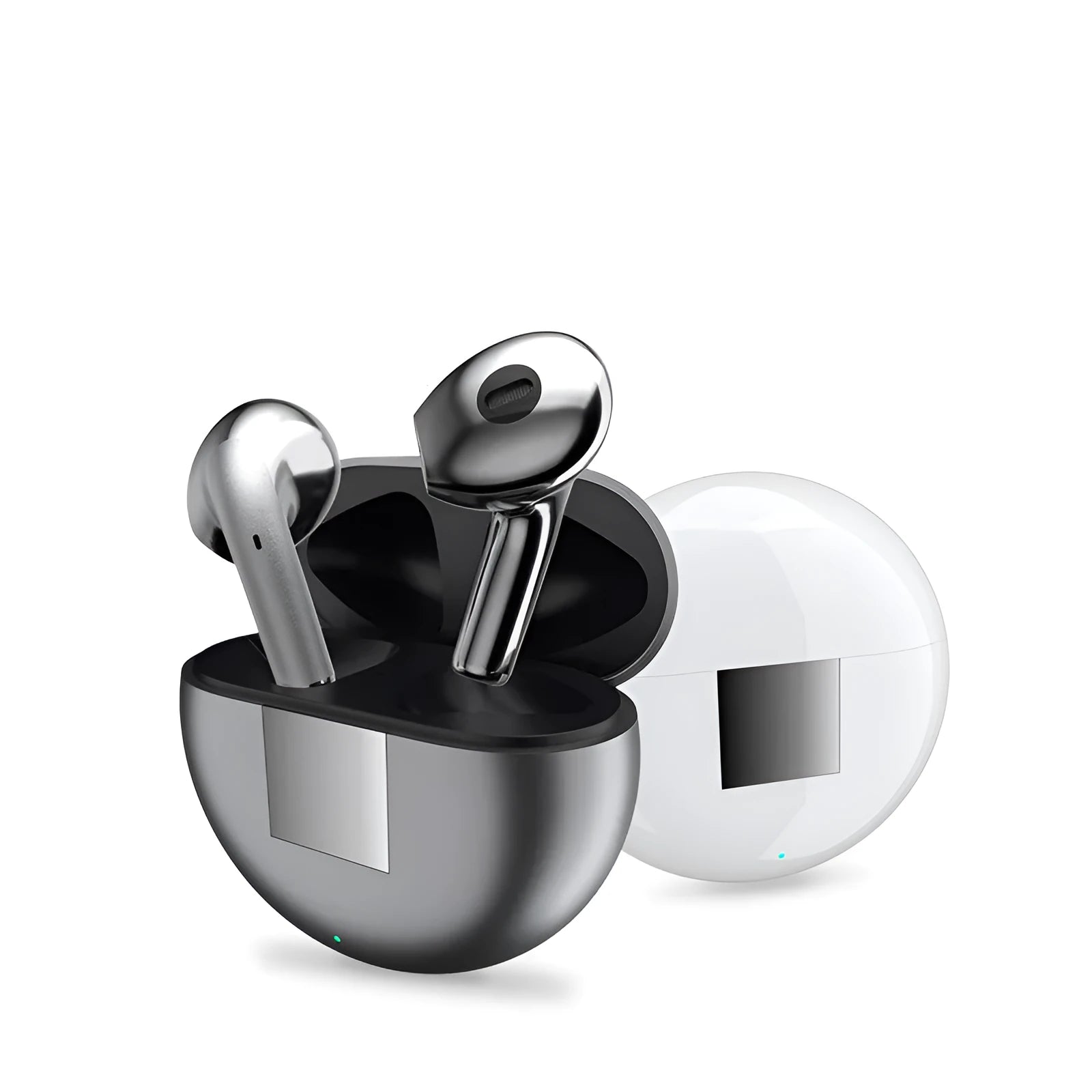 White Wireless Budz5 J6 Bluetooth earbuds with semi-in-ear design and a matching compact charging case.