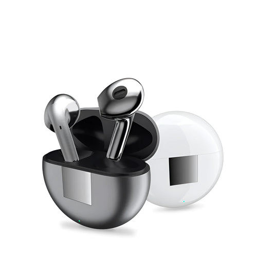 White Wireless Budz5 J6 Bluetooth earbuds with semi-in-ear design and a matching compact charging case.