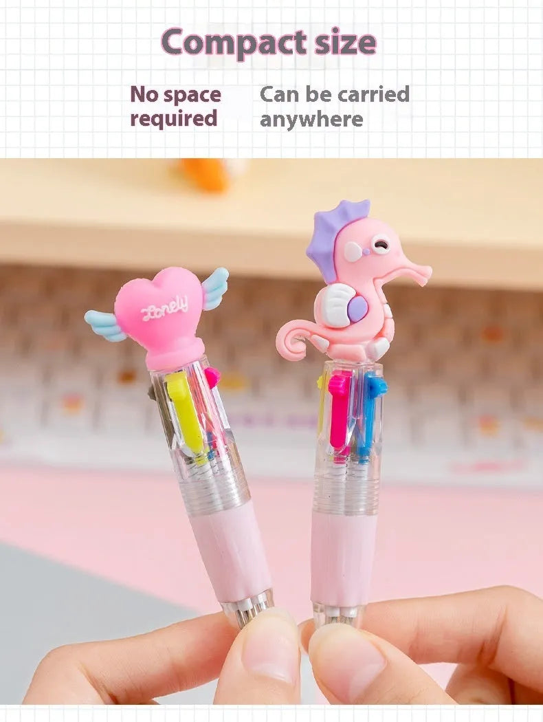 Four-colour press ballpoint pen with random cartoon design showing cactus, fast food, fruit, heart wing or seahorse theme