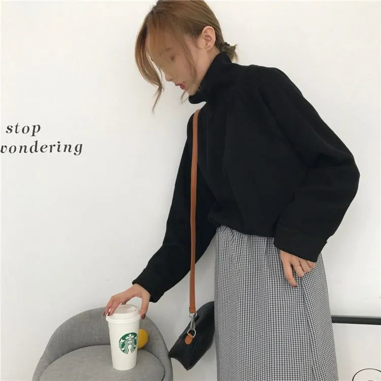 Women's plain colour loose fit long sleeve top with half-high collar in apricot, white, or black