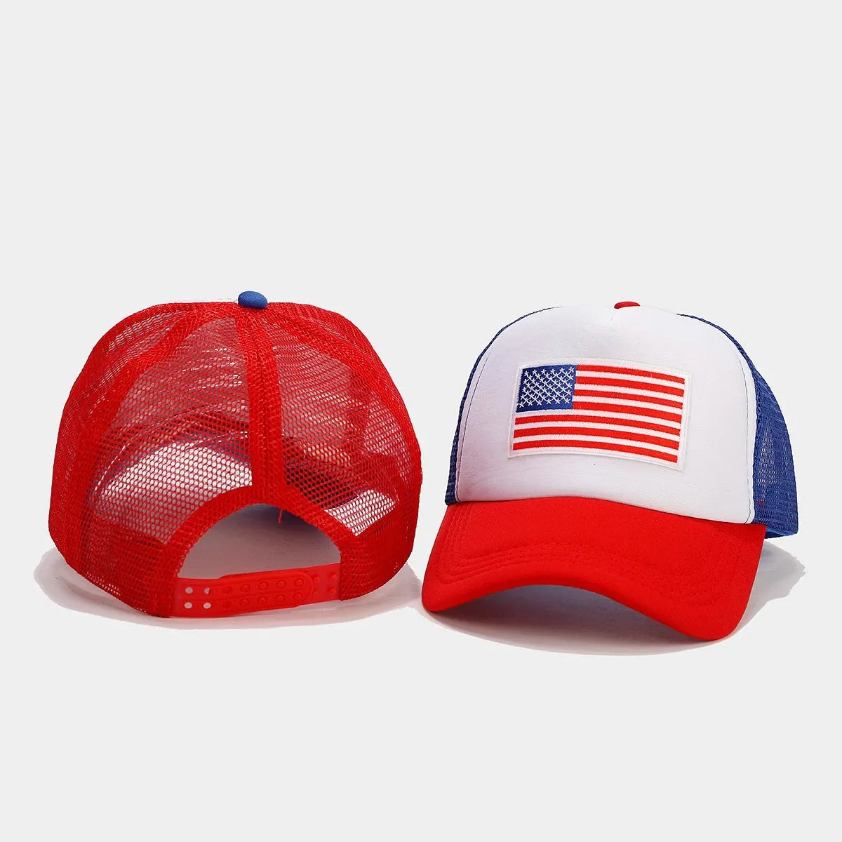 Red and blue contrast mesh breathable baseball cap with adjustable strap and dome crown design