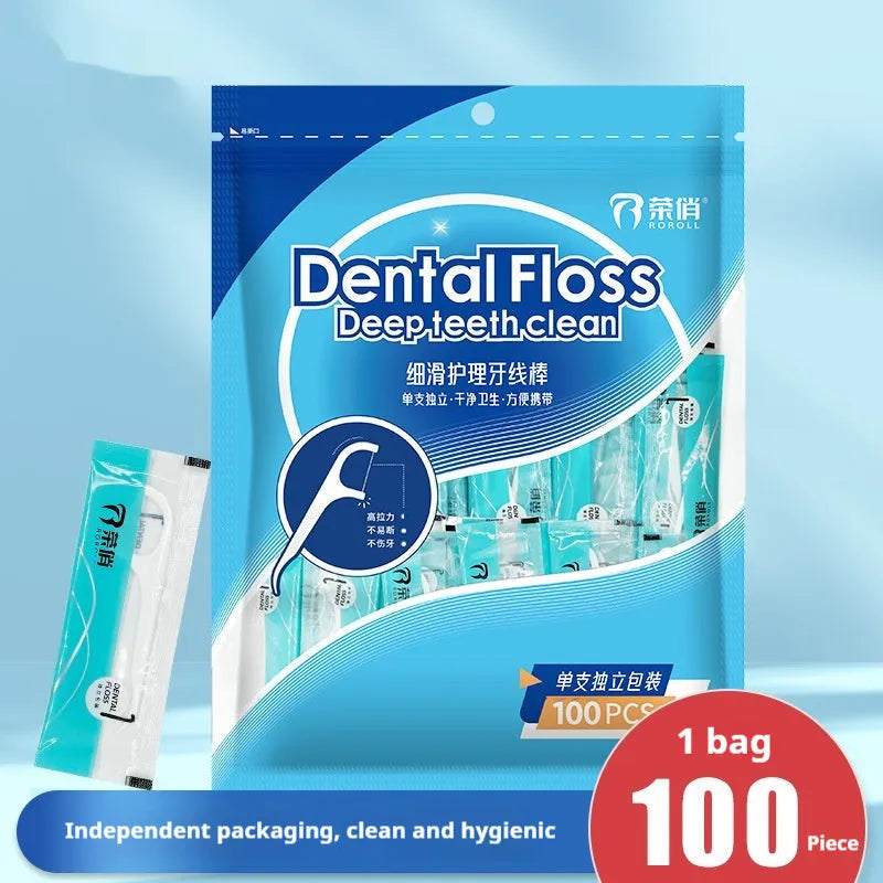 Plastic dental floss dispenser bag with 180x238mm dimensions containing multiple floss pieces