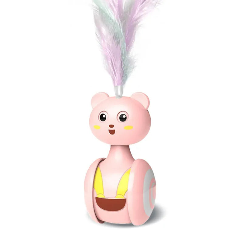 Interactive rotating ball cat toy with feather wand in pink colour option