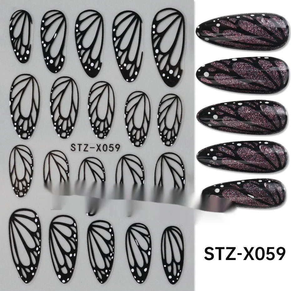 Sheet of black and silver stripe nail art stickers from a cartoon series for DIY manicures.