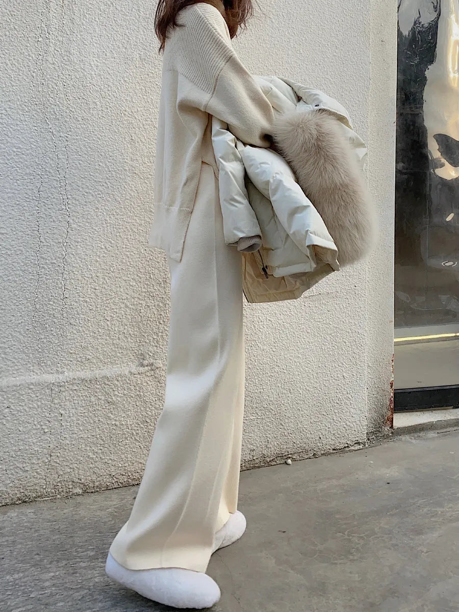 Women's cream white knitted wide-leg trousers with high waist for autumn winter wear