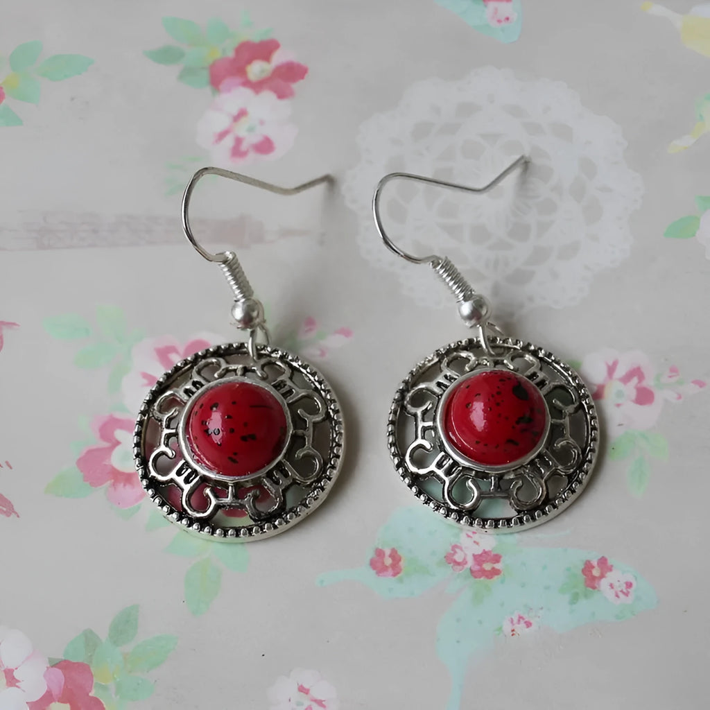 Handmade Miao silver ethnic earrings with turquoise flower disk geometry design