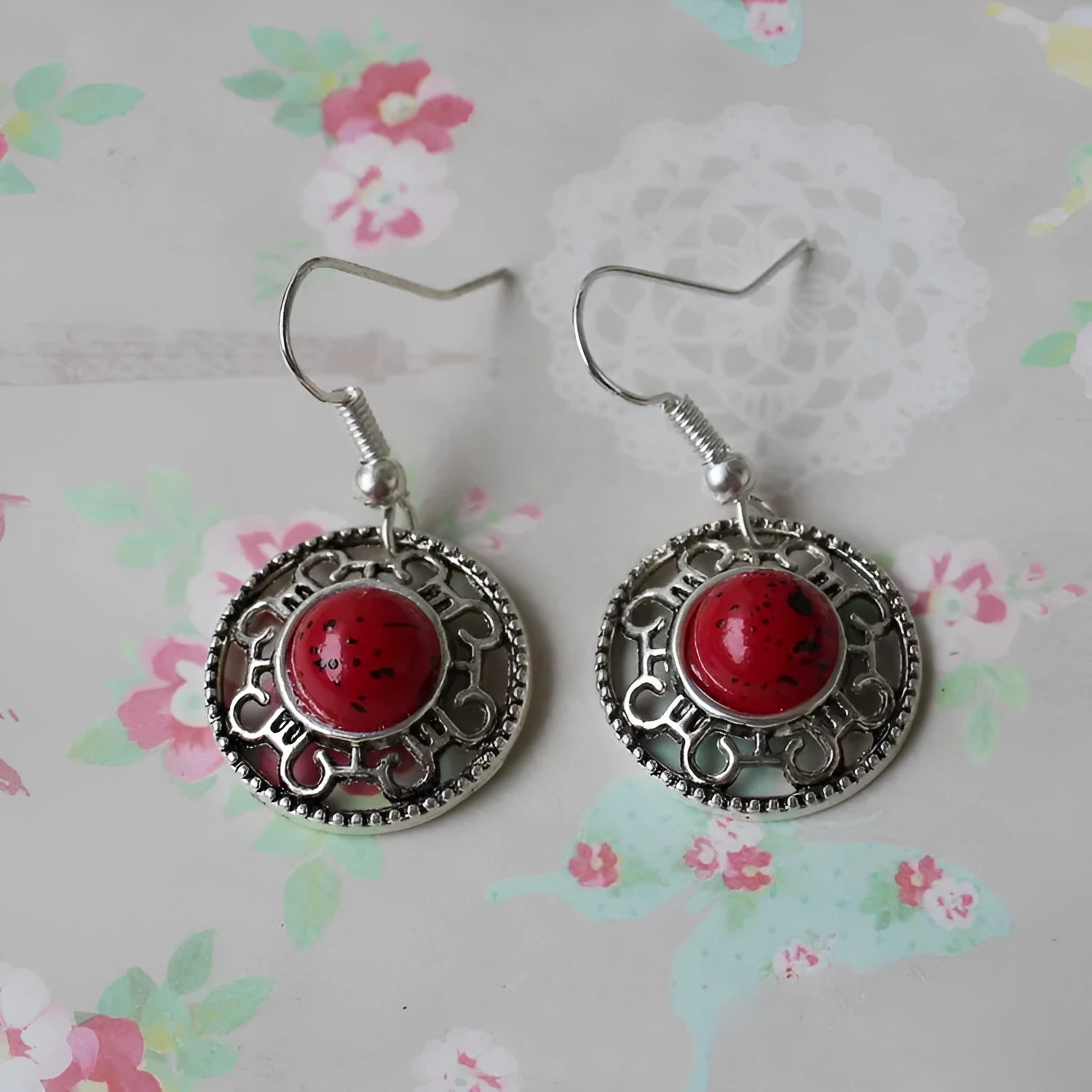 Handmade Miao silver ethnic earrings with turquoise flower disk geometry design