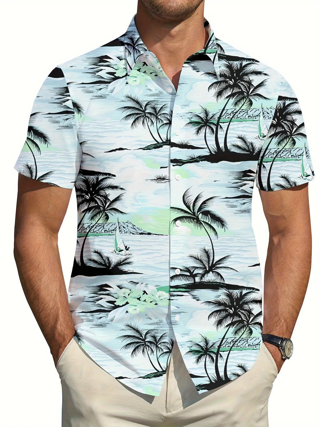 Men's flower pattern short sleeve cardigan shirt loose fit polyester summer top