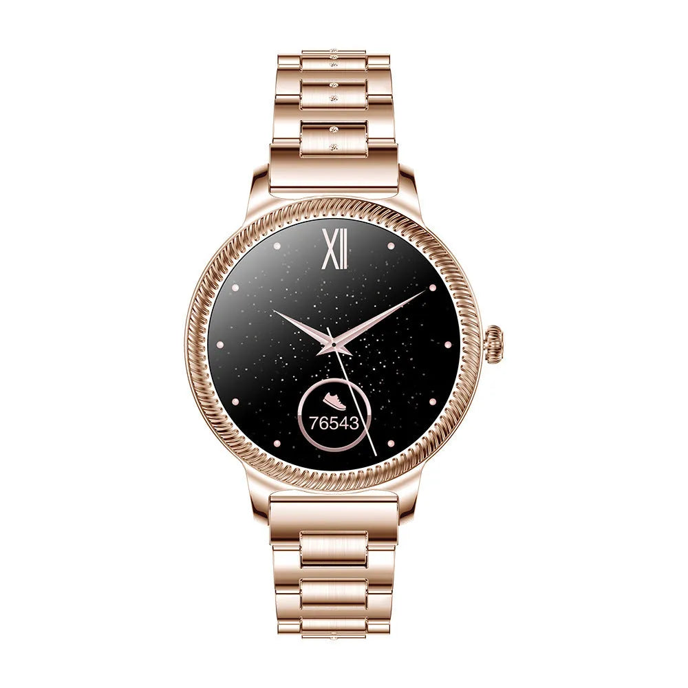 AK38 ladies smart watch with stainless steel Milanese band and 1.09-inch colour screen displayed on a wrist.
