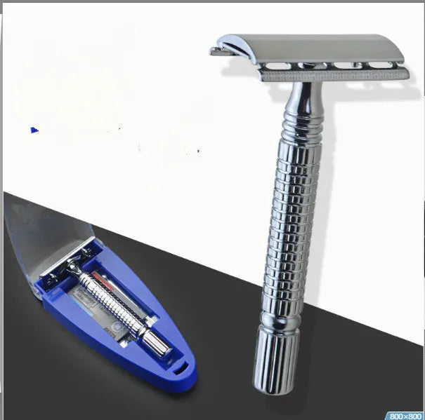 Double edged safety razor with blade and storage box on white background