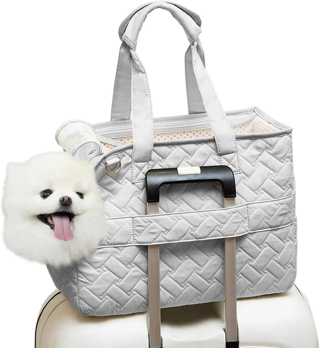 Grey nylon pet carrier handbag with mesh panels and a soft interior for a cat or small dog.