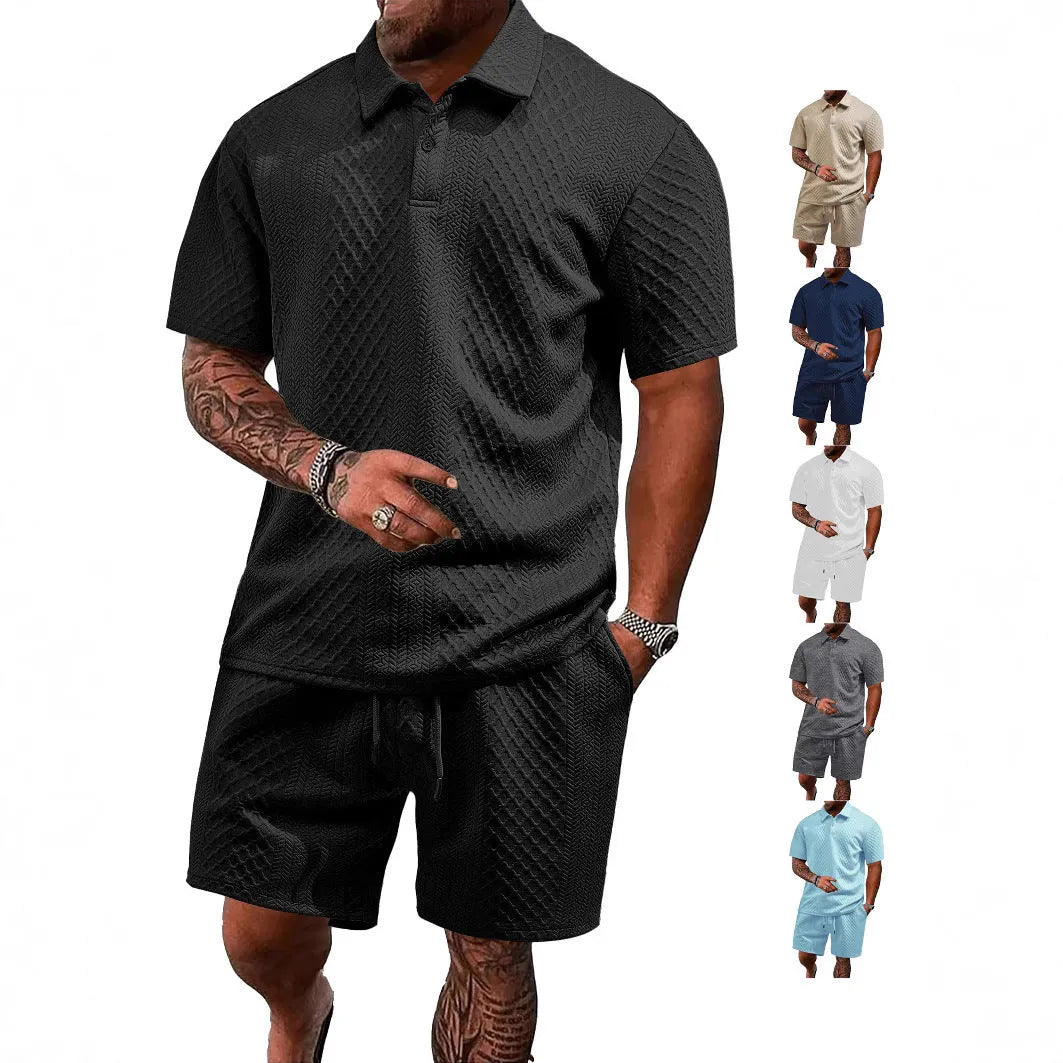 Men's patterned cloth casual suit comprising a short sleeve polo shirt and trousers on a hanger.