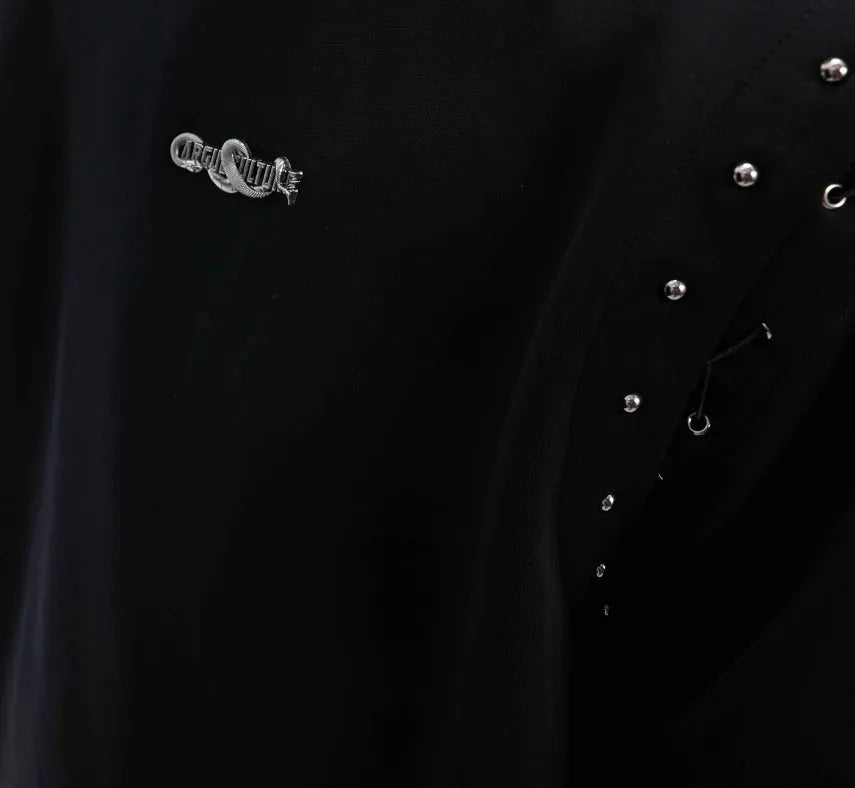 Black short sleeve T-shirt with a side cutout and white lace-up fastening detail.