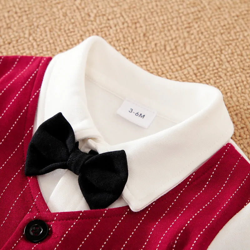 Wine red baby boys long-sleeve romper with single-breasted closure, gentleman style.
