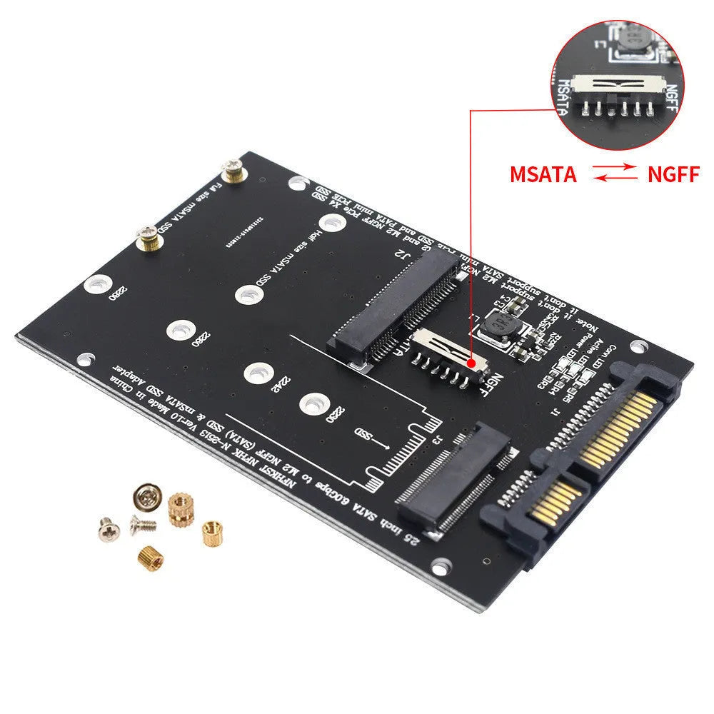Black SATA3 to M.2 NGFF mSATA SSD adapter card showing connectors for modern solid-state drives