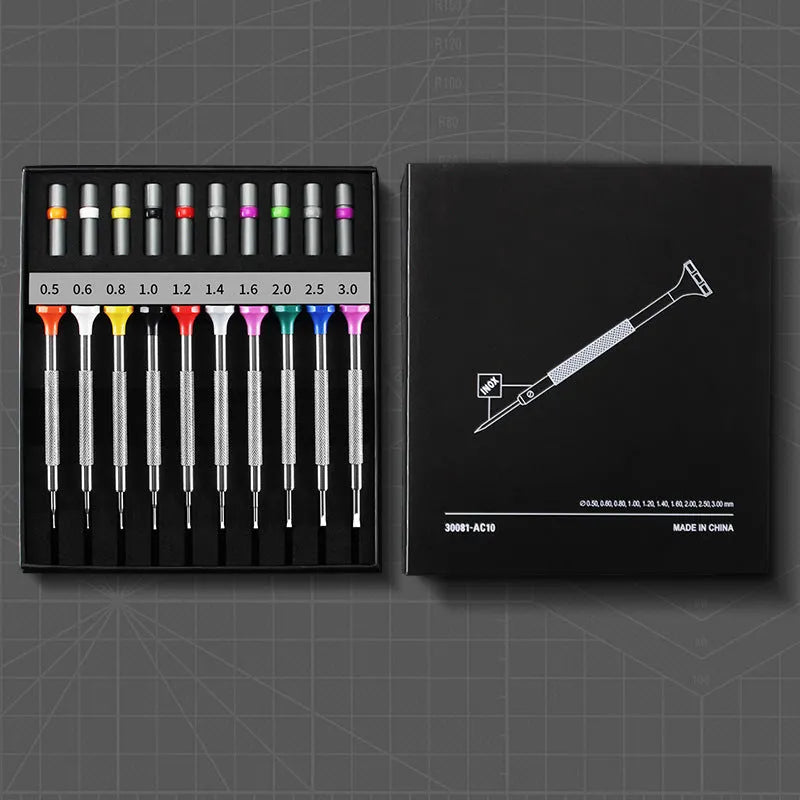 Boxed set of 10 precision screwdrivers and 20 spare bits for glasses and watch repair.