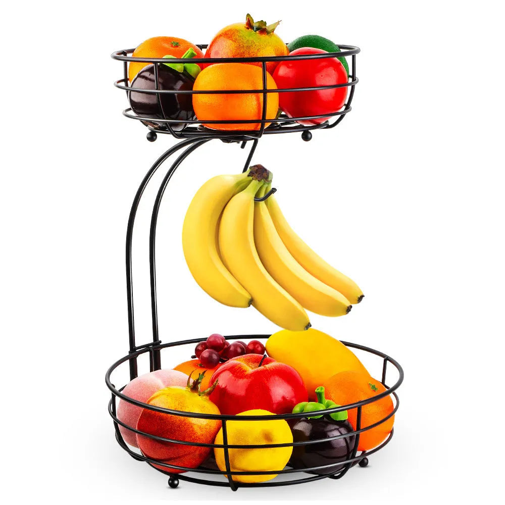 Black wrought iron double-layer fruit basket with two storage tiers
