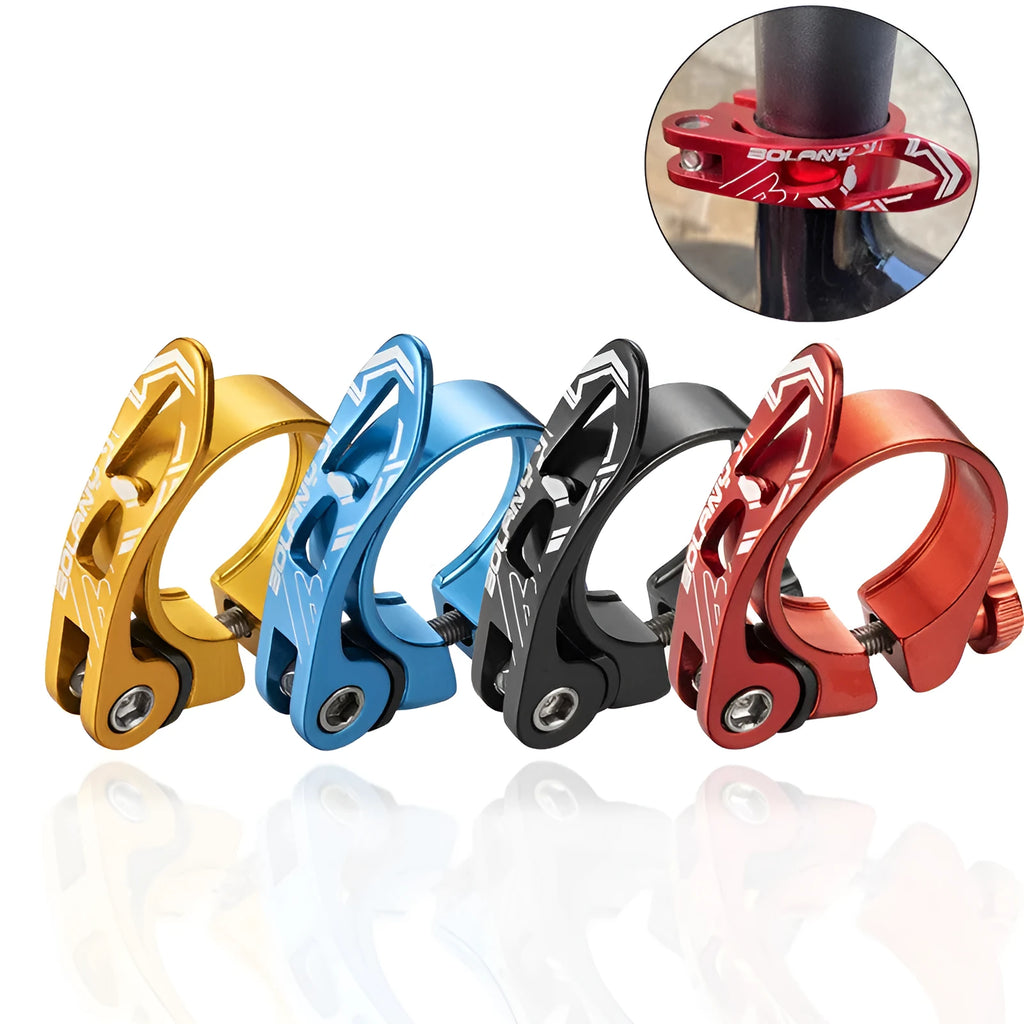 Aluminium mountain bicycle seat post clamp in black, blue, gold, or red colour options
