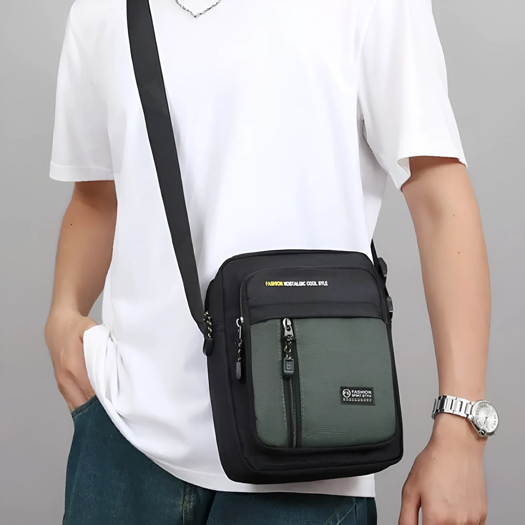 Men's nylon crossbody messenger bag shown in available colours: green, gray, black, and blue.