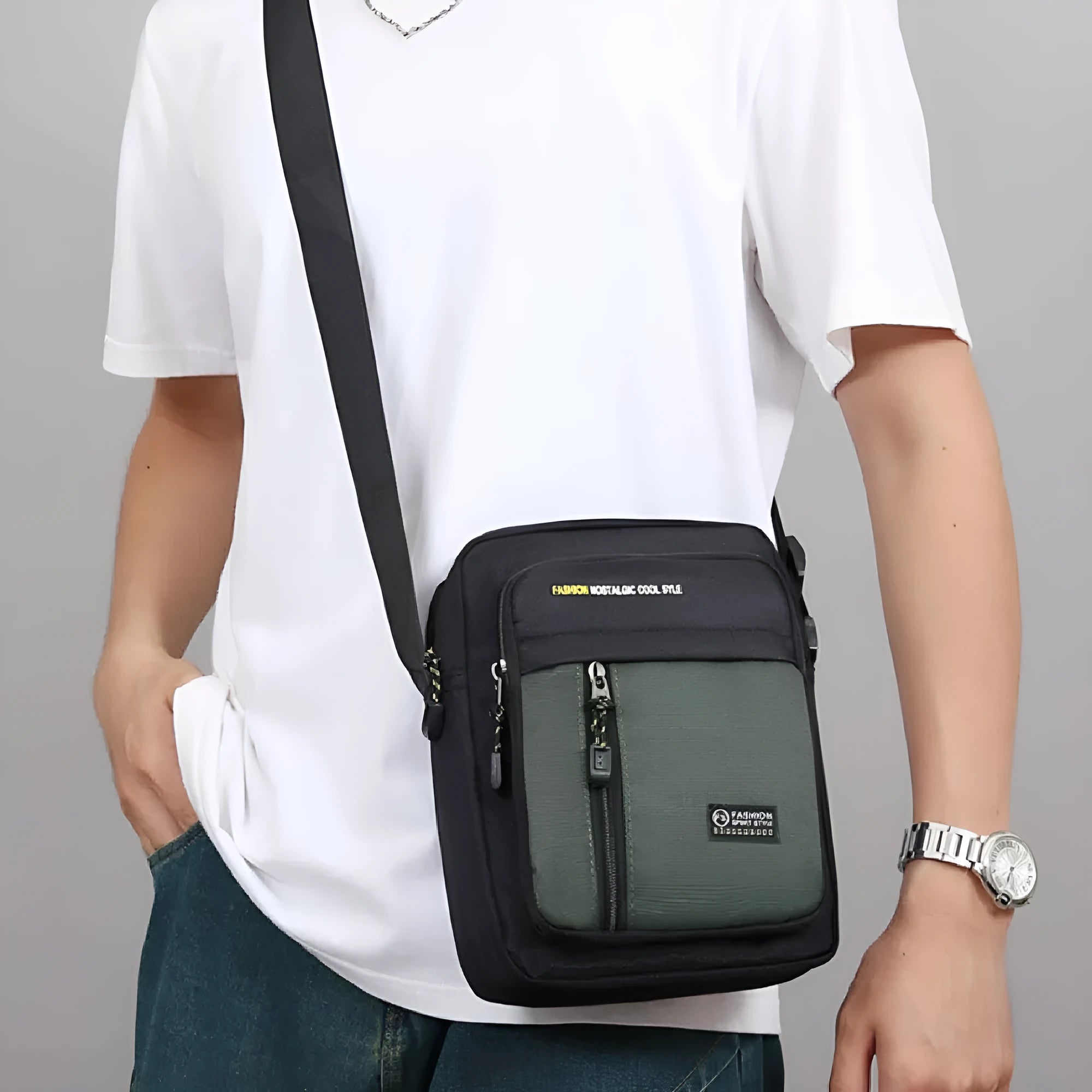 Men's nylon crossbody messenger bag shown in available colours: green, gray, black, and blue.