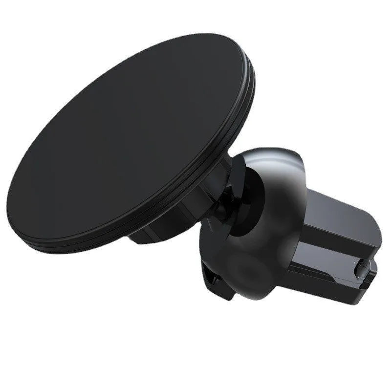 Black aluminium alloy magnetic suction car phone holder mounted on a car air vent.