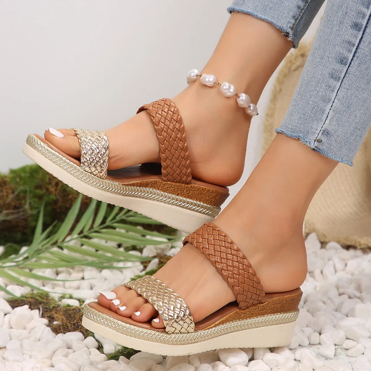 Gold and silver women's plus size wedge sandals with PU upper and rubber sole.