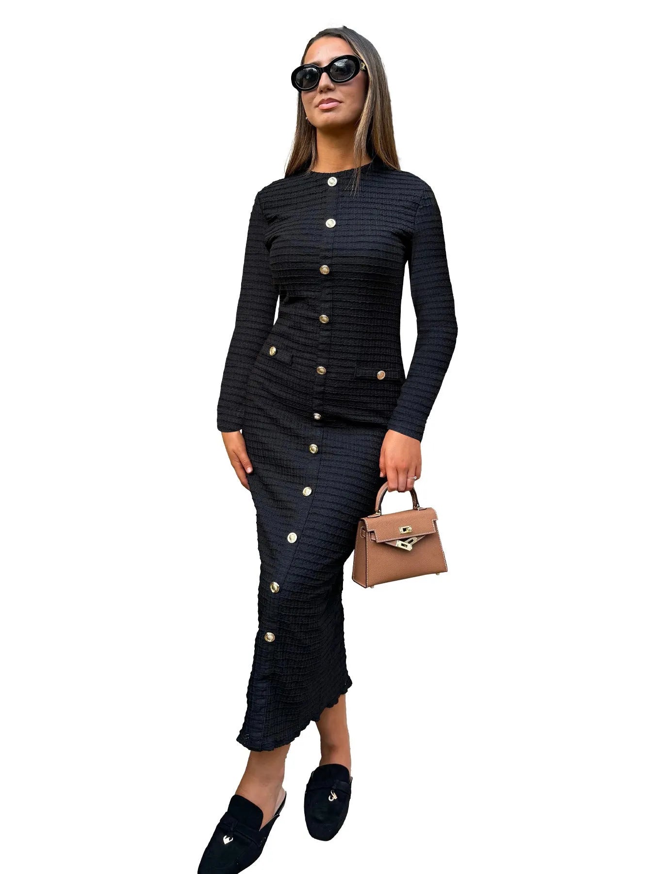 Black retro slim fit knitted long-sleeved dress with button detailing and a mid waist.