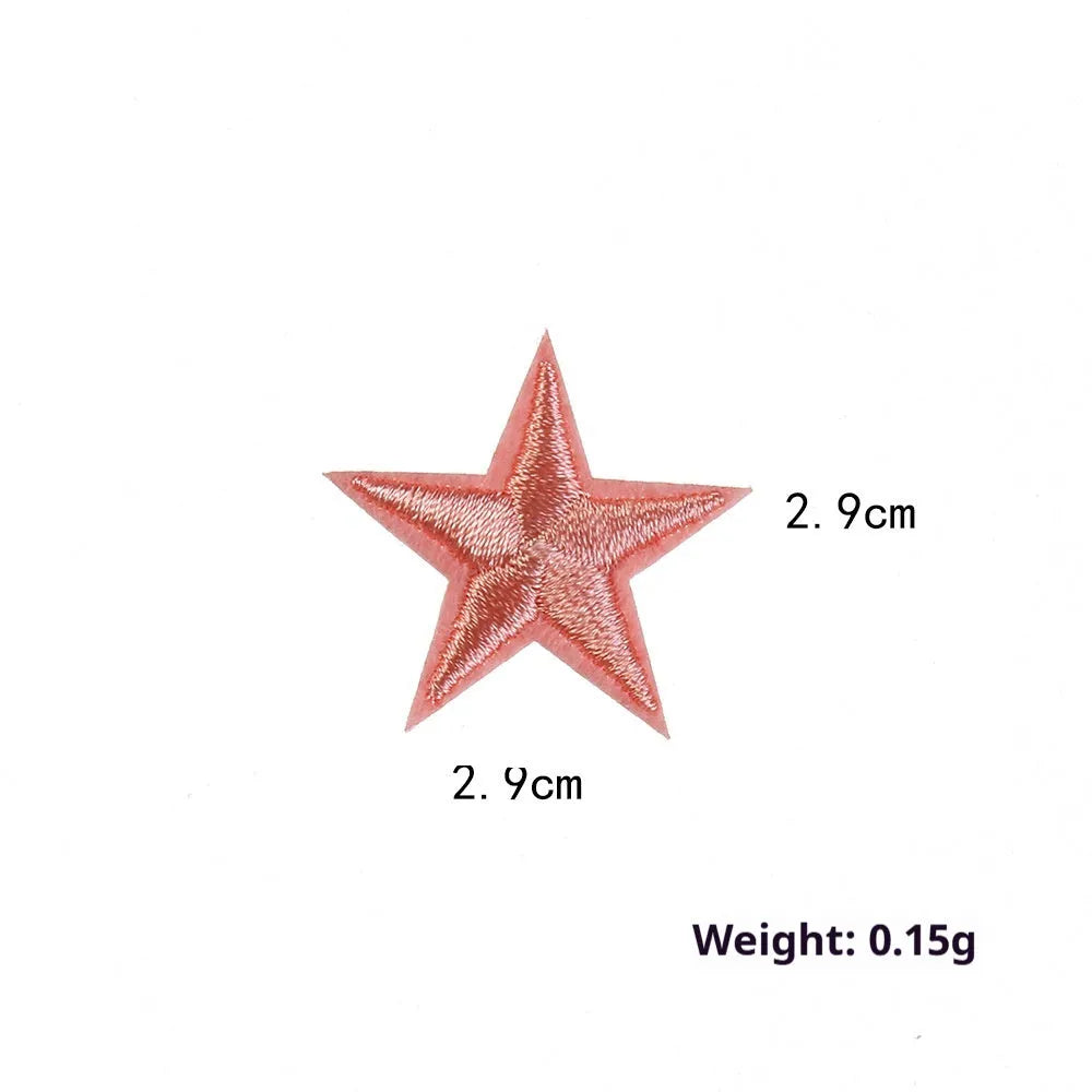 Colourful embroidered five-pointed star designs on cloth sticker labels for DIY clothing customisation.