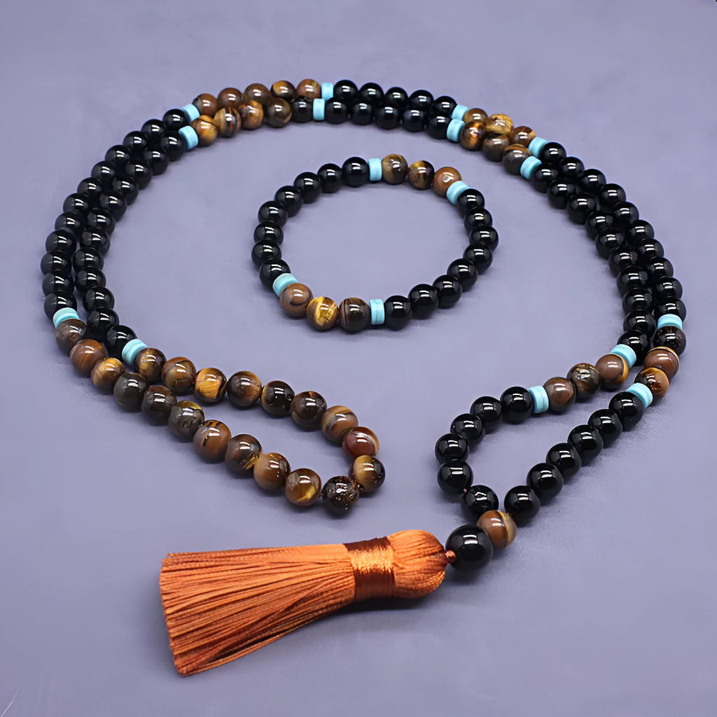 Natural agate and tiger's eye stone geometric jewellery set with bracelet and necklace