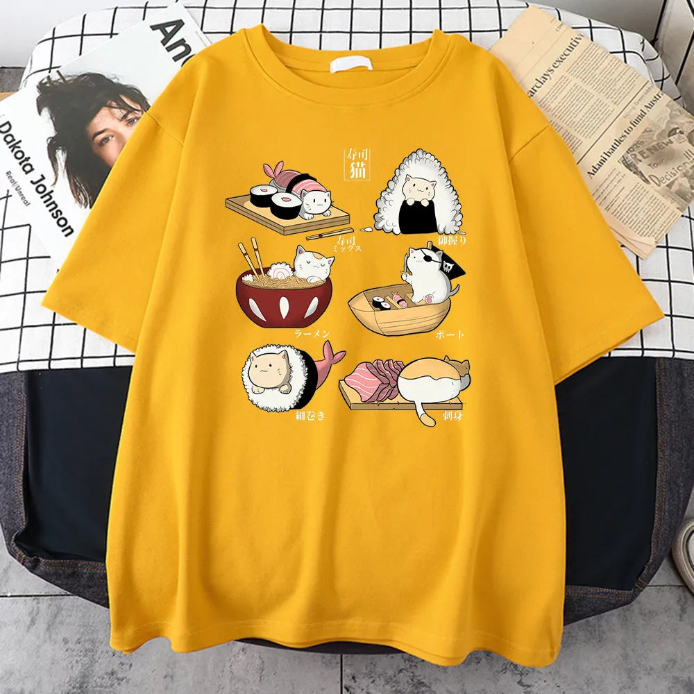 Men's black cotton T-shirt with white cat sushi cartoon print, short sleeves, loose fit