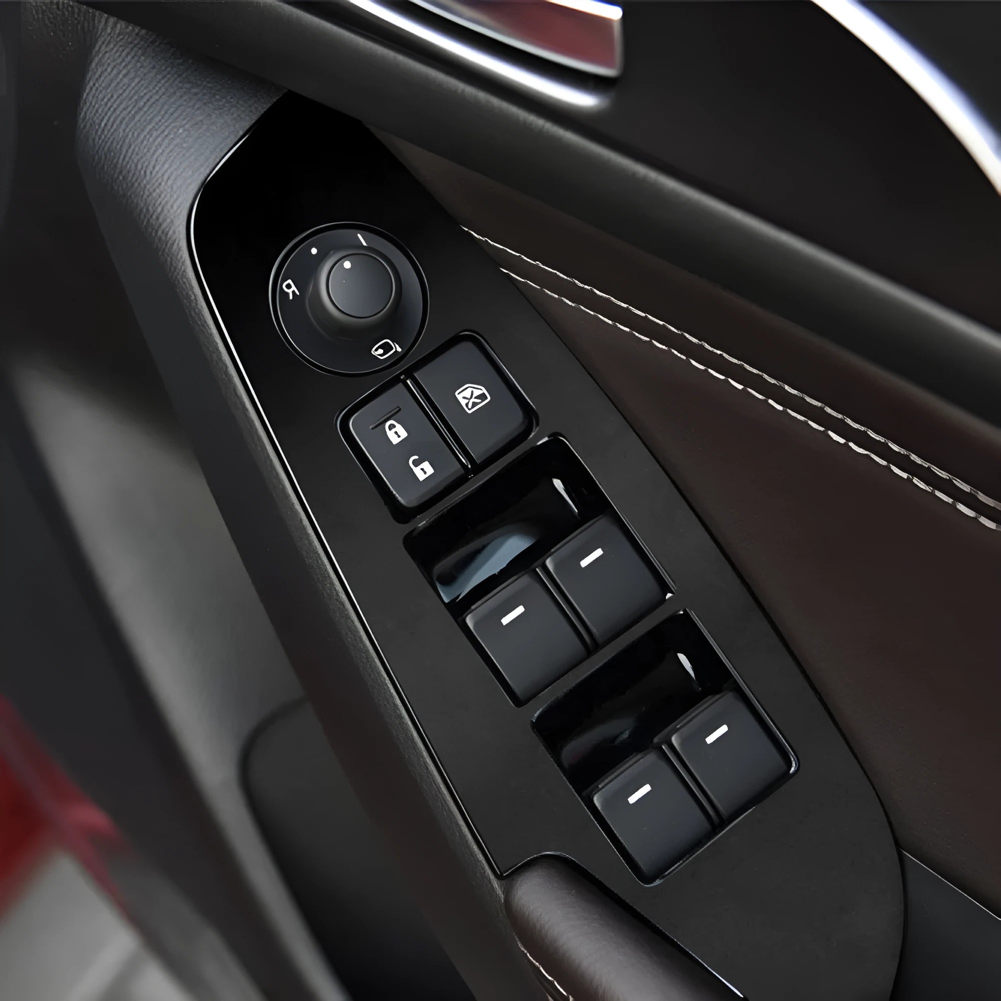 TPU protective film set for Ford Mustang door control panel switches in transparent, carbon fibre and matte black finishes
