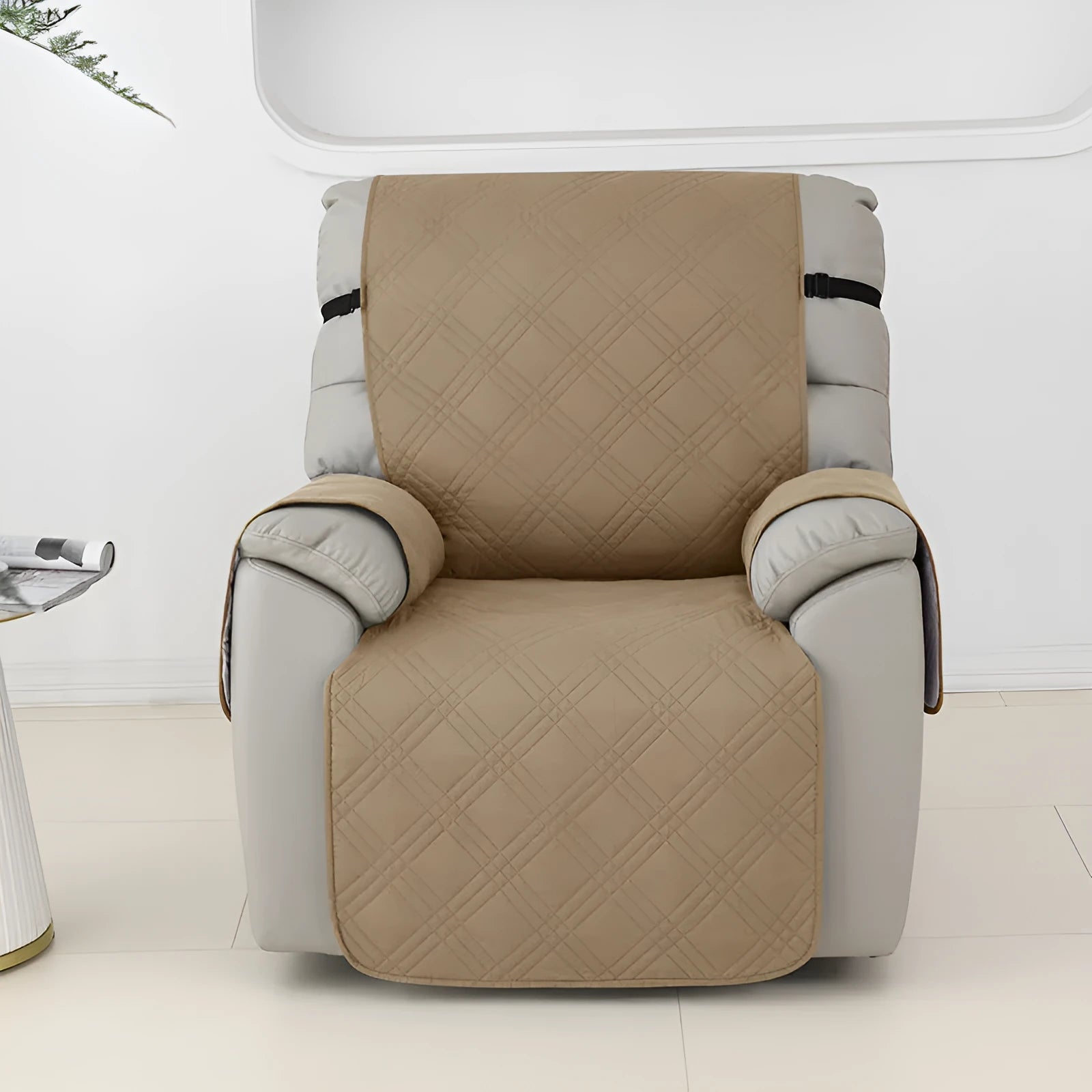 Quilted burgundy waterproof sofa cover fitted on a Chivas massage chair, American country style.