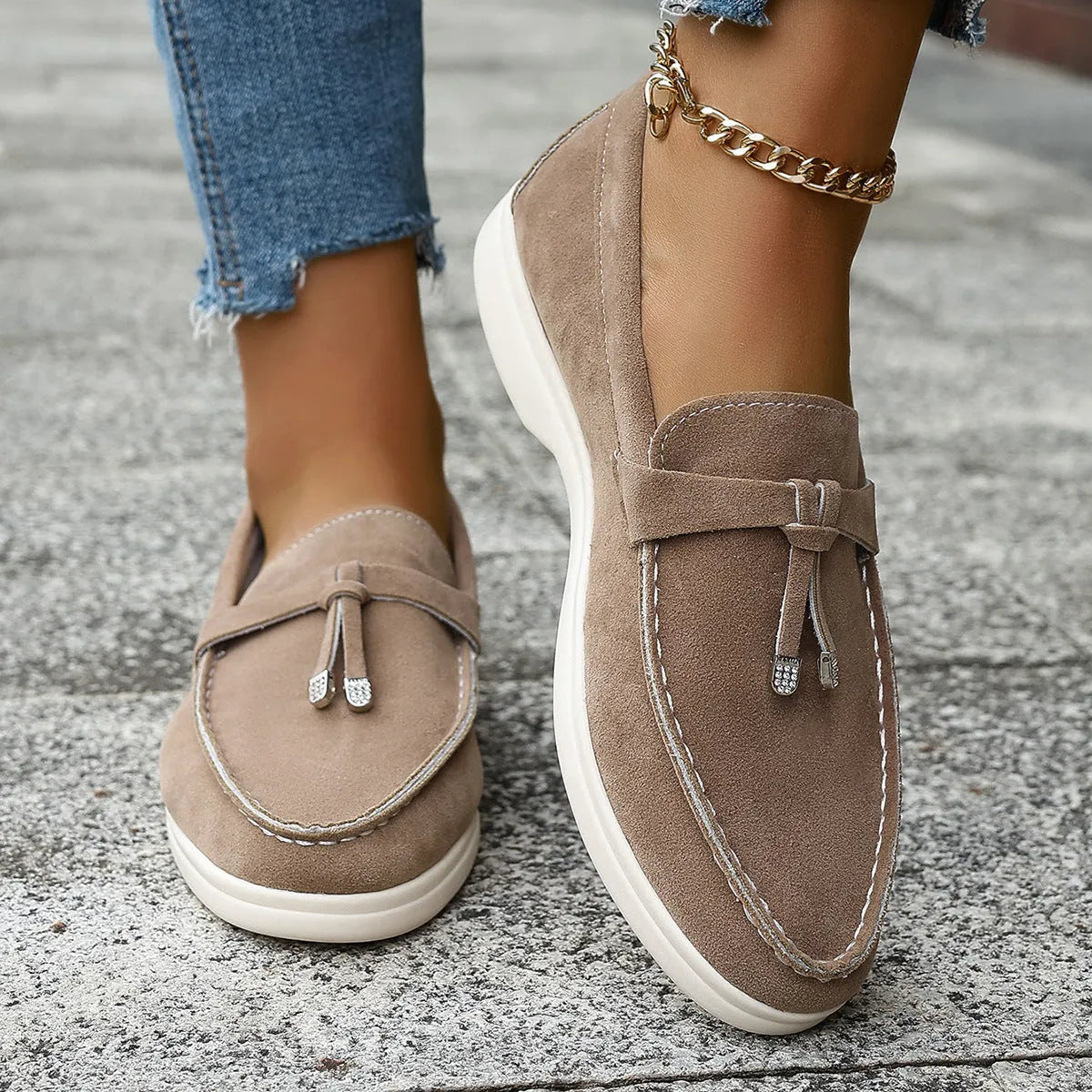 Canvas gommino slip-on loafers with platform heel in black, apricot, and brown colours