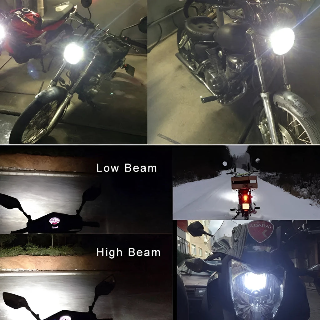 Motorcycle LED headlight unit with aluminium housing, showing connector for BA20D or H4 sockets.