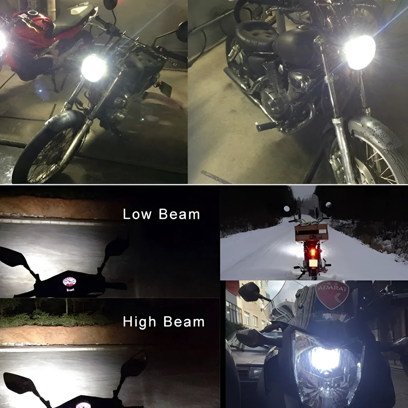 Motorcycle LED headlight unit with aluminium housing, showing connector for BA20D or H4 sockets.
