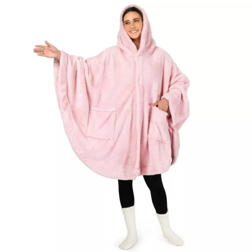 Thick hooded cloak bathrobe in black, dark grey, or pink colours with long sleeves